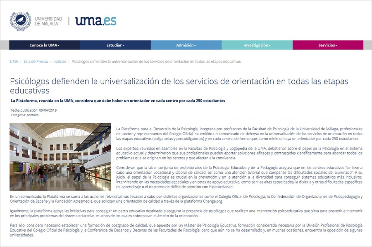 La Plataforma para el Desarrollo de la Psicología emite un comunicado en defensa de la universalización de los servicios de orientación en todas las etapas educativas