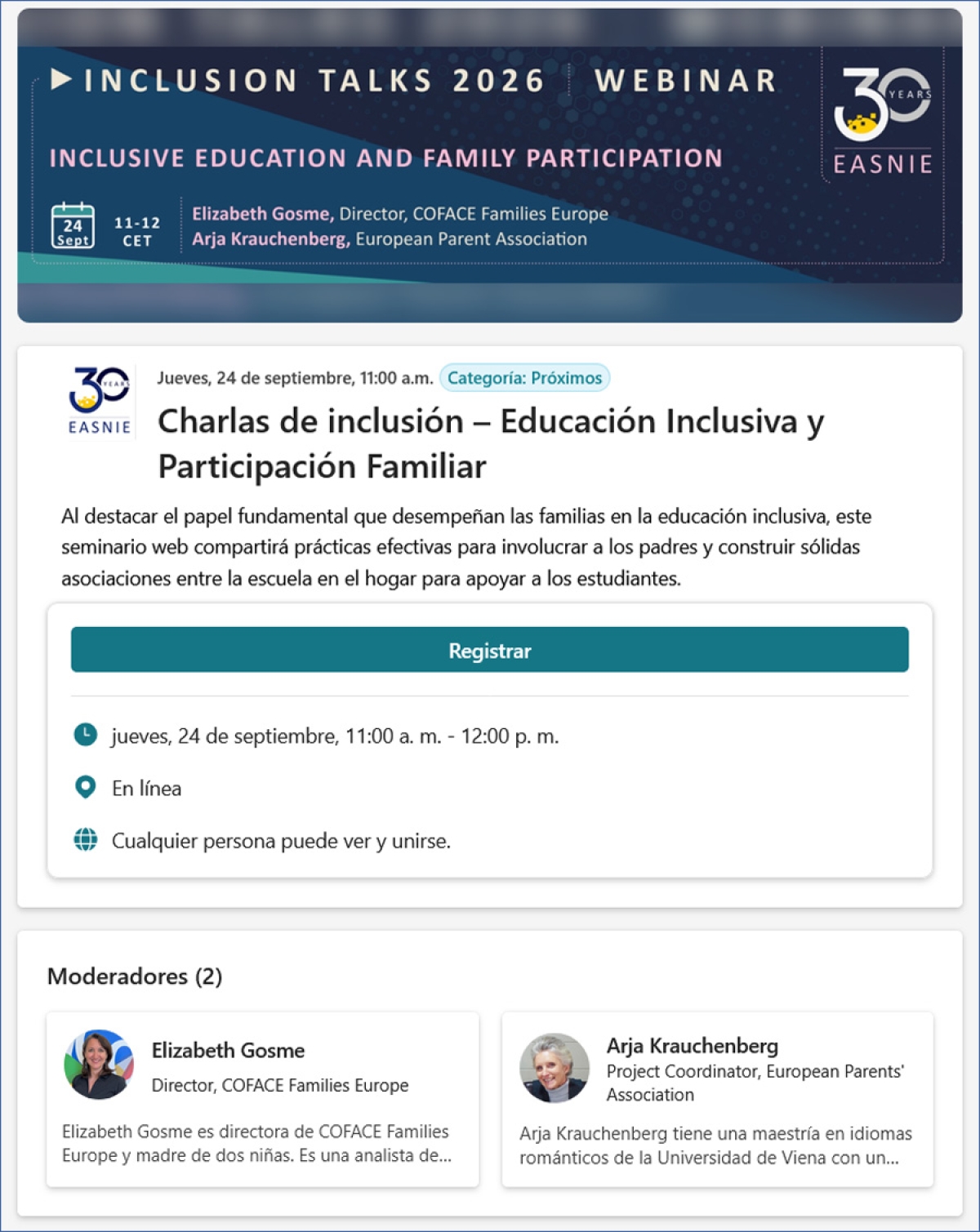 Webinar "Educaci&oacute;n Inclusiva y Participaci&oacute;n Familiar", 24 de septiembre a las 11:00 (CET)