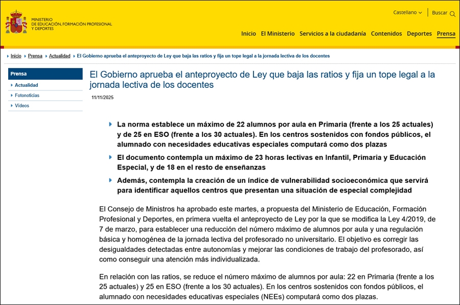 El Gobierno aprueba el anteproyecto de Ley que baja las ratios y fija un tope legal a la jornada lectiva de los docentes.