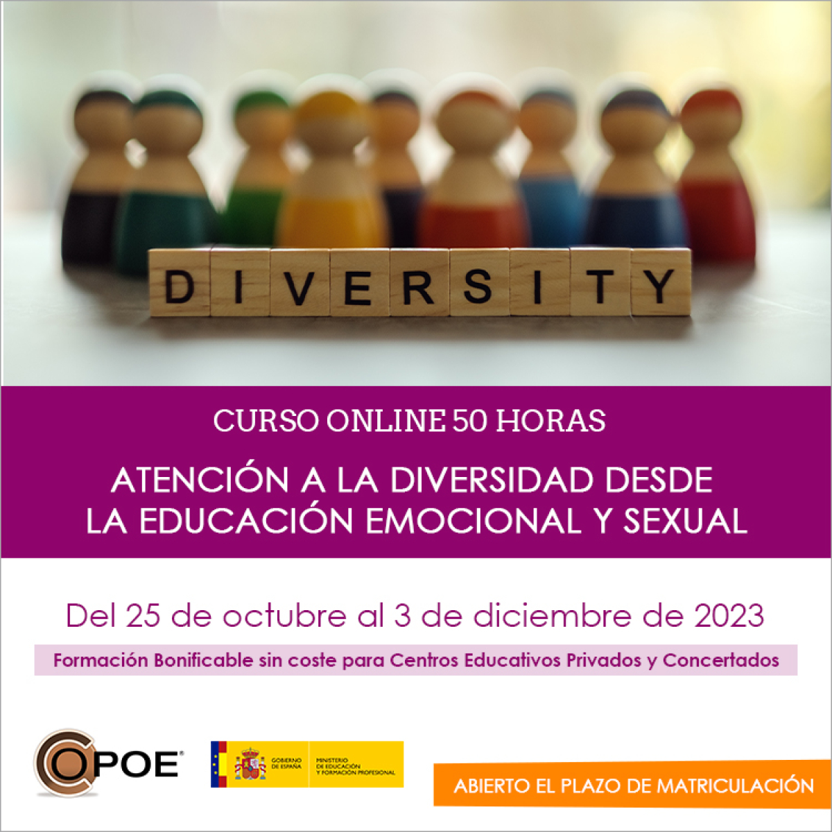 Curso online de COPOE &quot;Atención a la diversidad desde la educación emocional y sexual”, del 25 de octubre al 3 de diciembre de 2023