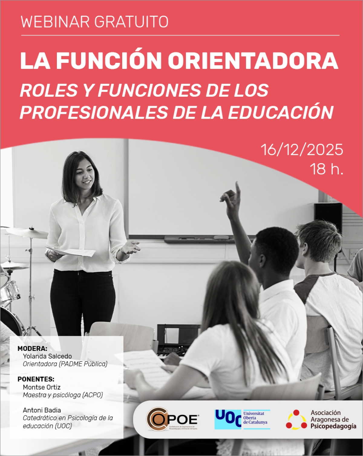Webinar gratuito UOC-COPOE &quot;La función orientadora. Roles y funciones de los profesionales de la educación.&quot;, el 16 de diciembre