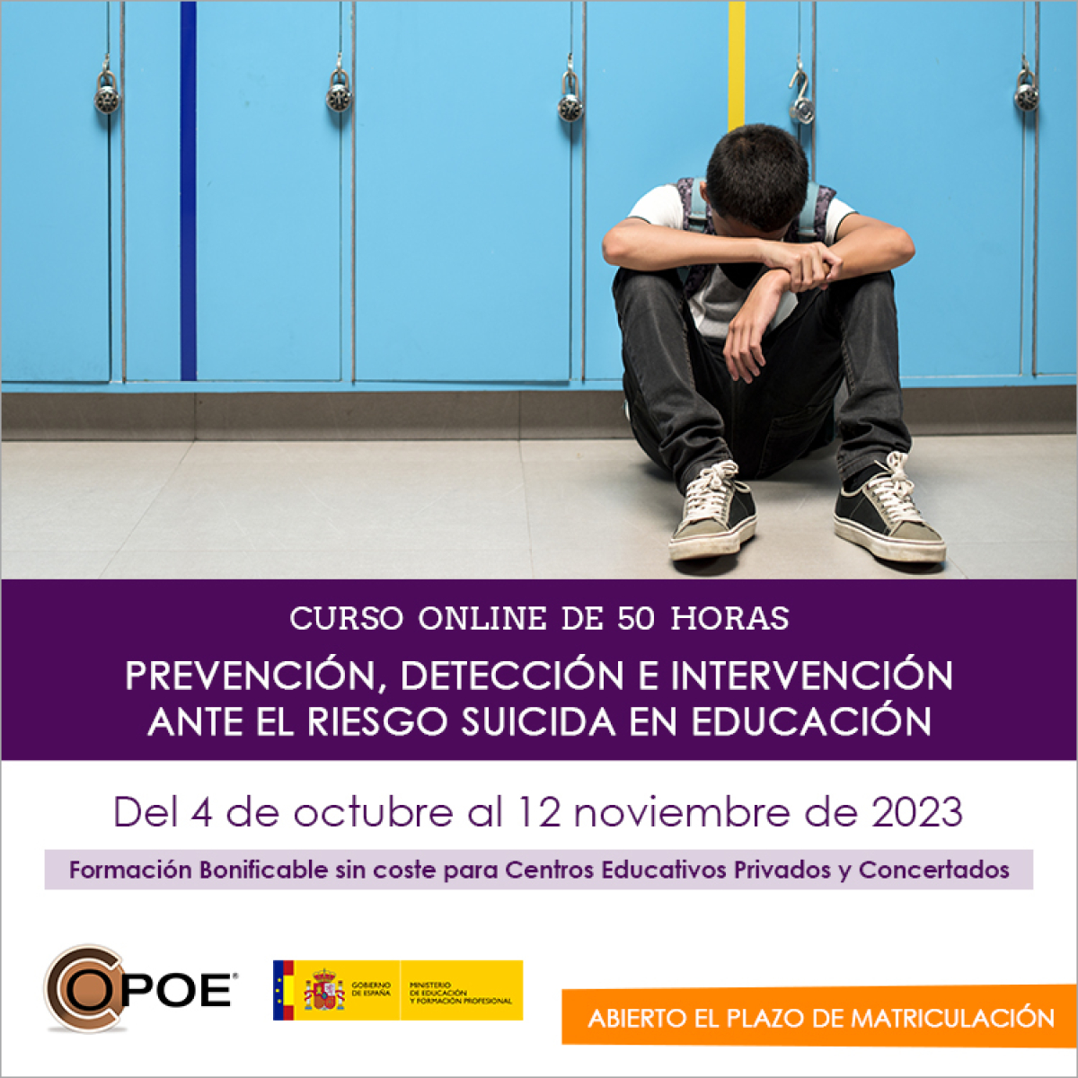 Curso online de COPOE &quot;Prevención, detección e intervención ante el riesgo suicida en educación”, del 5 de octubre al 9 noviembre de 2022