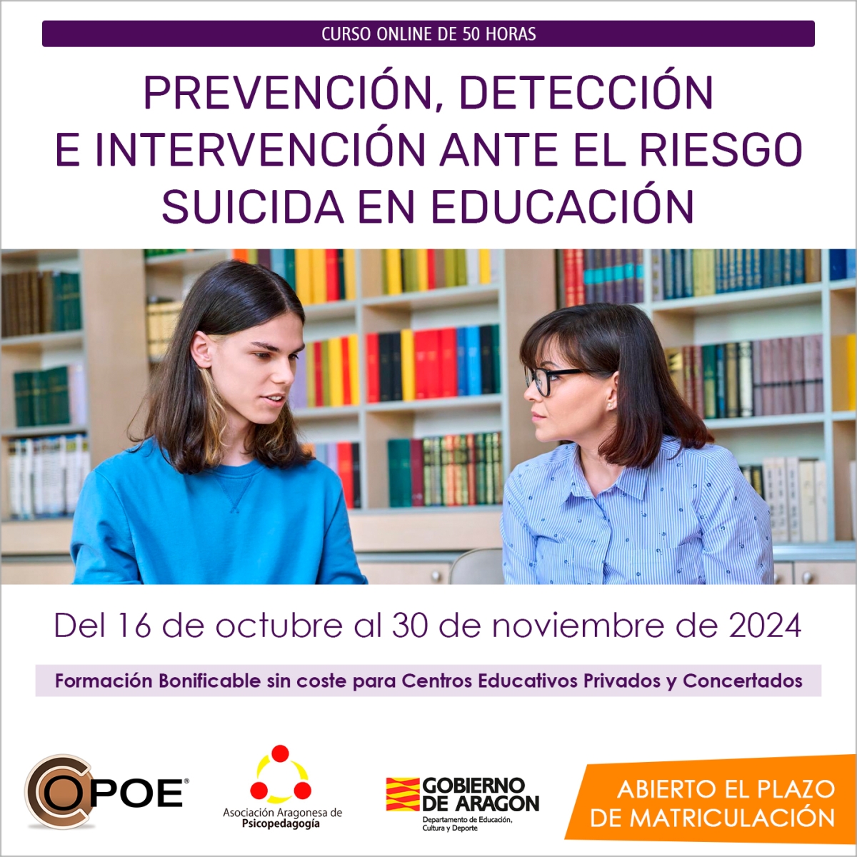 Curso online de COPOE &quot;Prevención, detección e intervención ante el riesgo suicida en educación”, del 4 de octubre al 12 noviembre de 2023