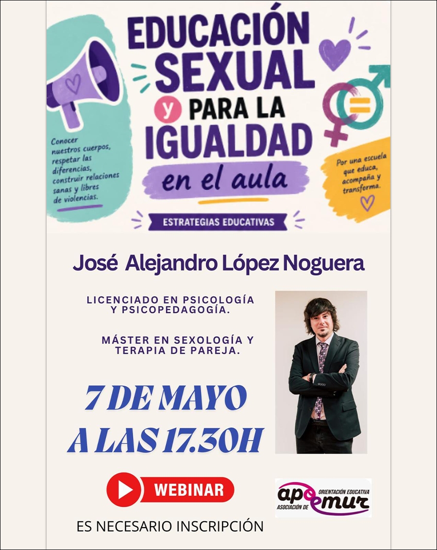 Charla formativa APOEMUR: "Educación sexual y para la igualdad en el aula. Estrategias educativas", 7 de mayo, online y gratuita